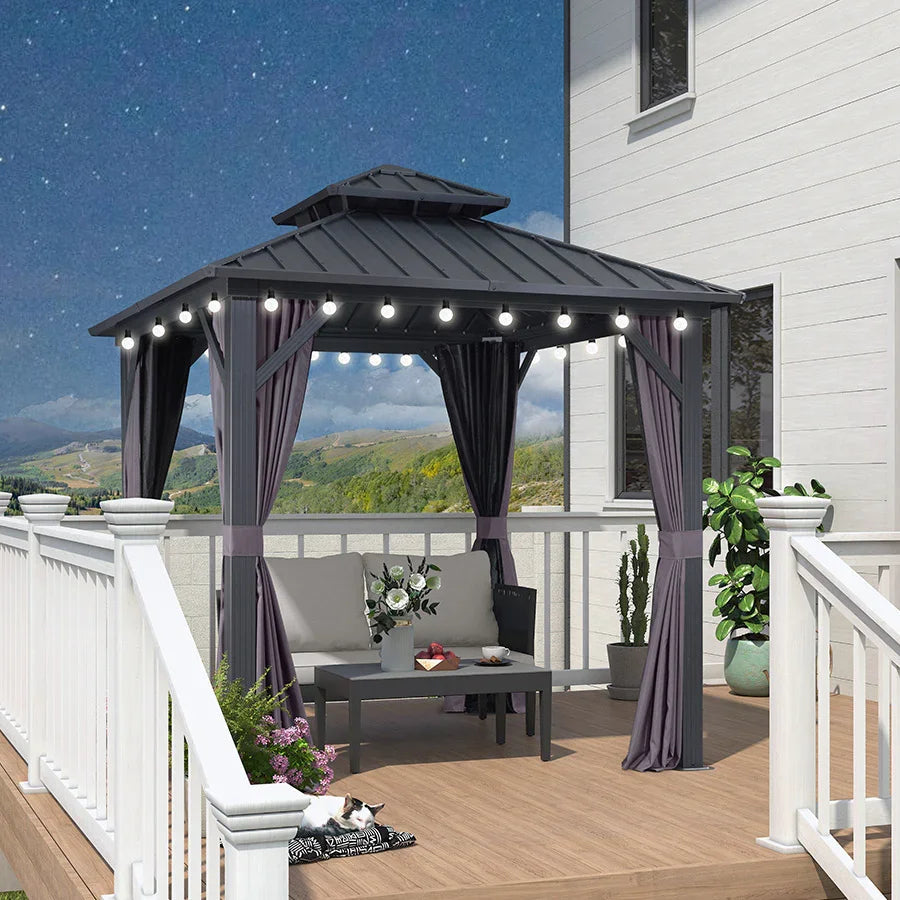 PURPLE LEAF – Pavillon gris à toit rigide avec double toit renforcé en acier galvanisé et guirlande lumineuse – milky