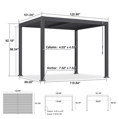 PURPLE LEAF Caesar – Pergola extérieure à lames orientables avec toit rigide réglable, gris