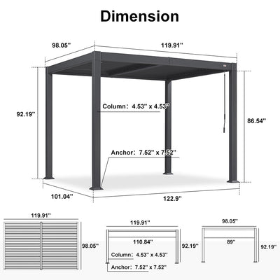 PURPLE LEAF Caesar – Pergola extérieure à lames orientables avec toit rigide réglable, gris