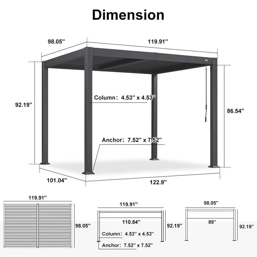 PURPLE LEAF Caesar – Pergola extérieure à lames orientables avec toit rigide réglable, gris