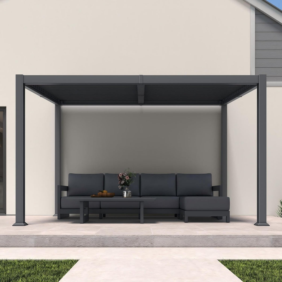 PURPLE LEAF Caesar – Pergola autoportante en aluminium à lames orientables avec toit rigide incliné, guirlande LED et lames réglables étanches à la pluie, gris