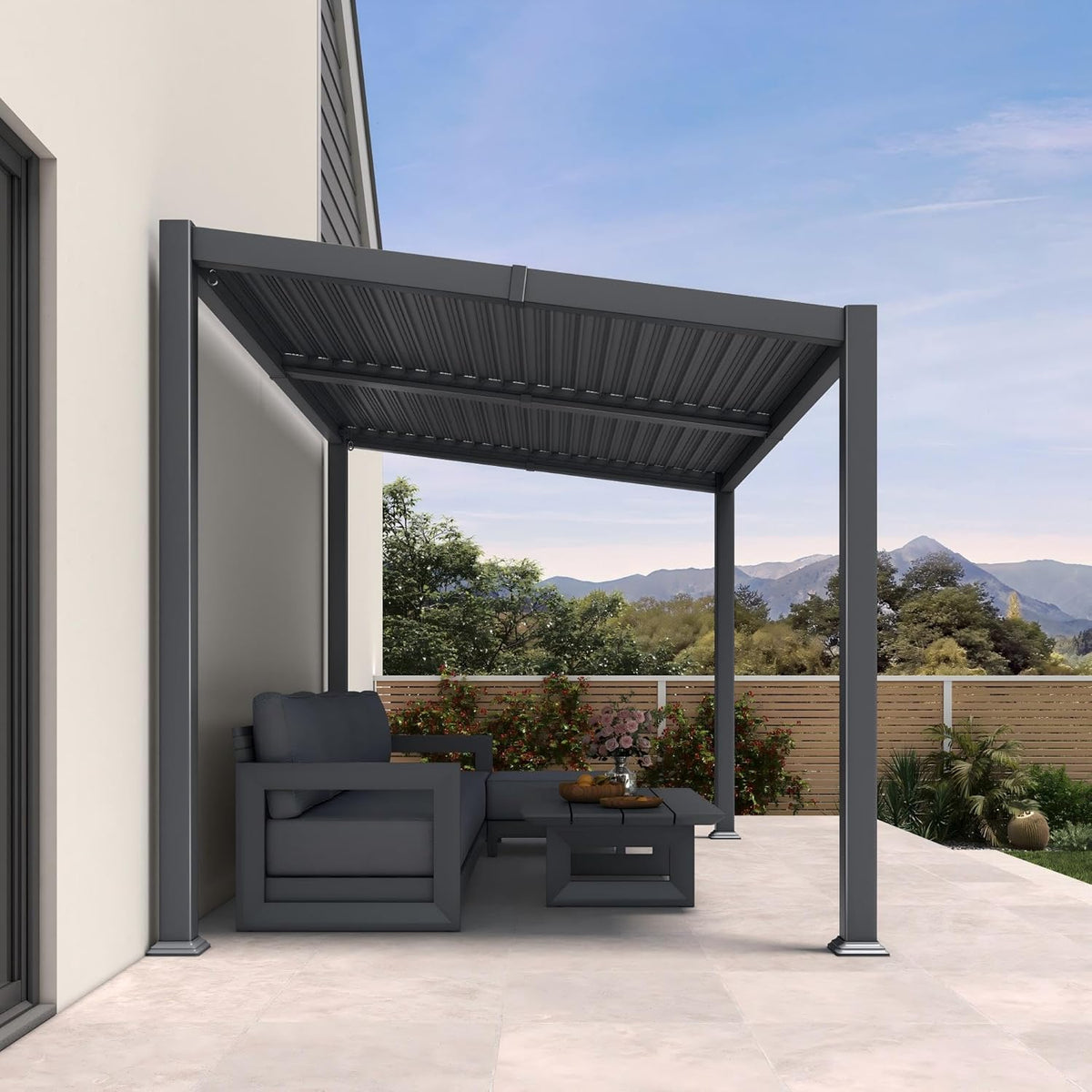 PURPLE LEAF Caesar – Pergola autoportante en aluminium à lames orientables avec toit rigide incliné, guirlande LED et lames réglables étanches à la pluie, gris