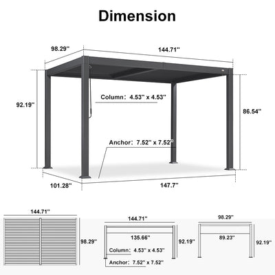 PURPLE LEAF Caesar – Pergola extérieure à lames orientables avec toit rigide réglable, gris