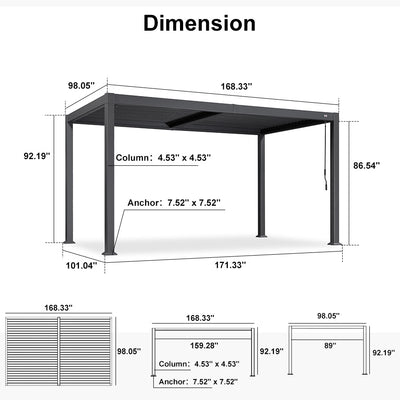 PURPLE LEAF Caesar – Pergola extérieure à lames orientables avec toit rigide réglable, gris
