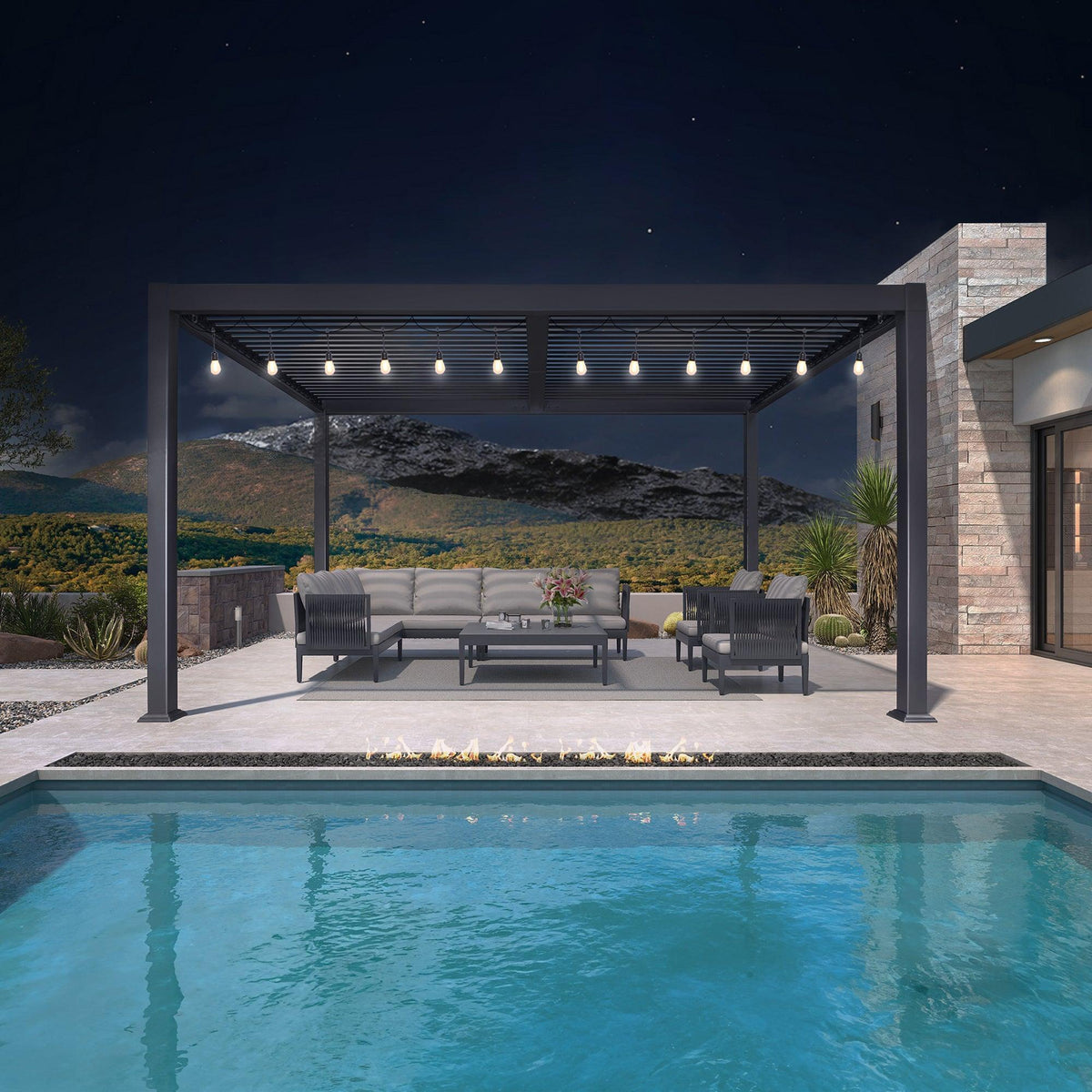 PURPLE LEAF Caesar – Pergola en aluminium à lames orientables avec guirlande lumineuse Milky et toit rigide indépendant réglable et étanche à la pluie
