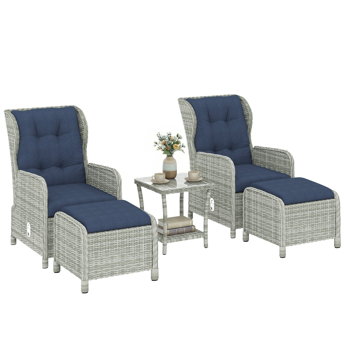 Ensemble 5 pièces de fauteuils inclinables en rotin avec repose-pieds et table en verre, bleu foncé