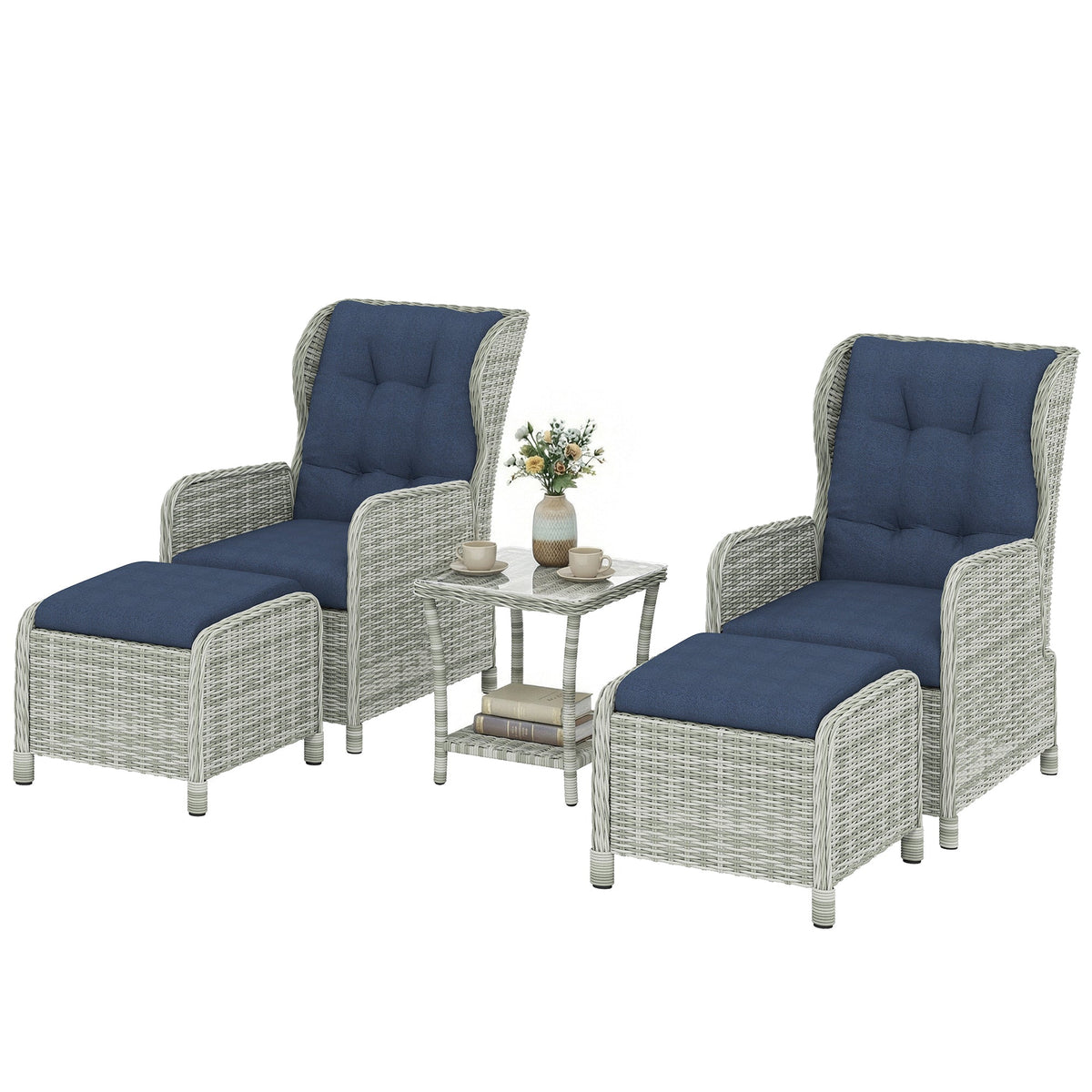 Ensemble 5 pièces de fauteuils inclinables en rotin avec repose-pieds et table en verre, bleu foncé