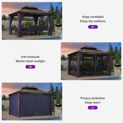 PURPLE LEAF – Pavillon extérieur à toit rigide pour terrasse, structure en aluminium bronze avec rideau bleu marine