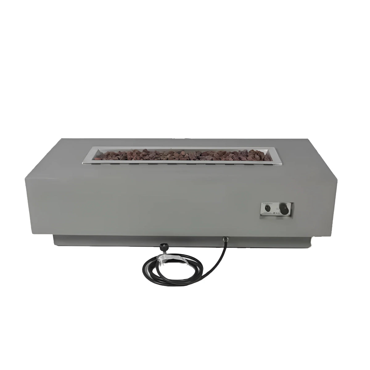 Elementi Granville – Table brasero extérieure rectangulaire en béton au propane 60 In. X 27 In. avec pierres de lave et housse