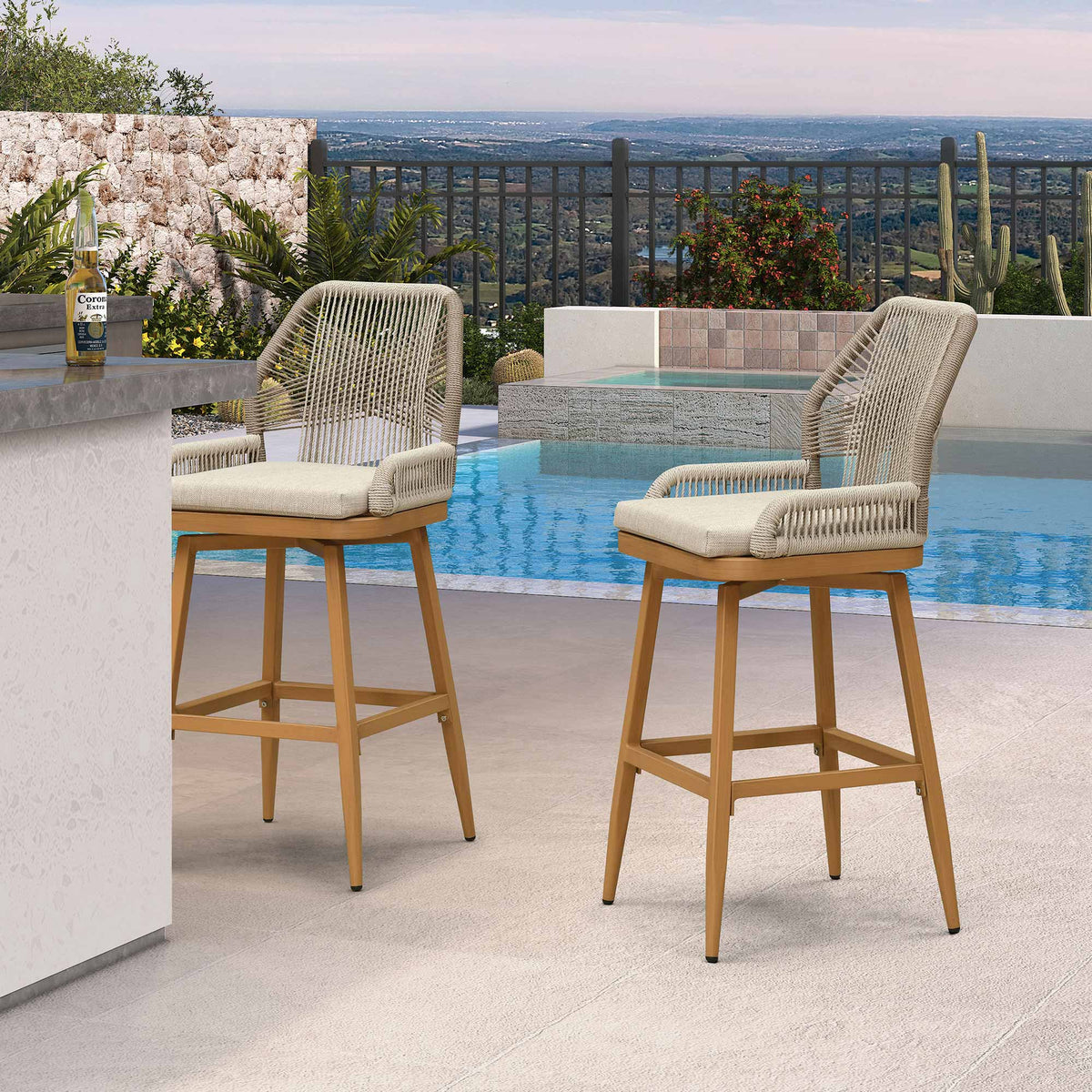PURPLE LEAF – Lot de 2 tabourets de bar extérieurs pivotants 360° en résine tressée toutes saisons avec dossier et coussin