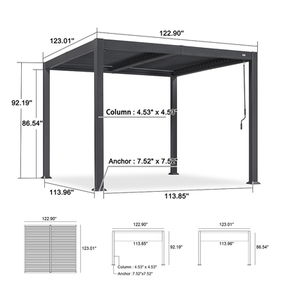 PURPLE LEAF Caesar – Pergola extérieure à lames orientables avec toit rigide réglable, gris