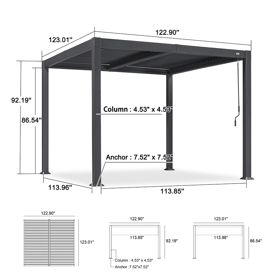 PURPLE LEAF Caesar – Pergola extérieure à lames orientables avec toit rigide réglable, gris