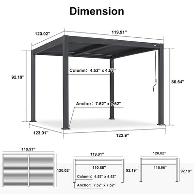 PURPLE LEAF Caesar – Pergola extérieure à lames orientables avec toit rigide réglable, gris