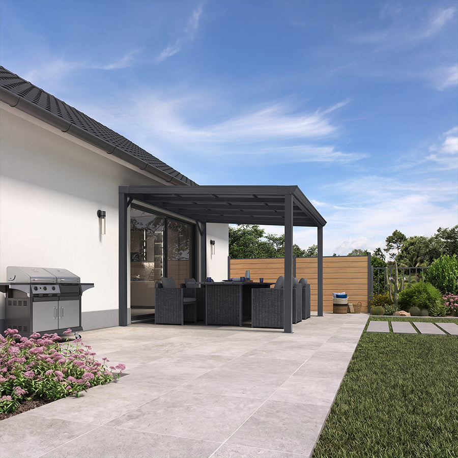 PURPLE LEAF – Pavillon Premium mural adossé avec toit en acier galvanisé pour espace de vie extérieur