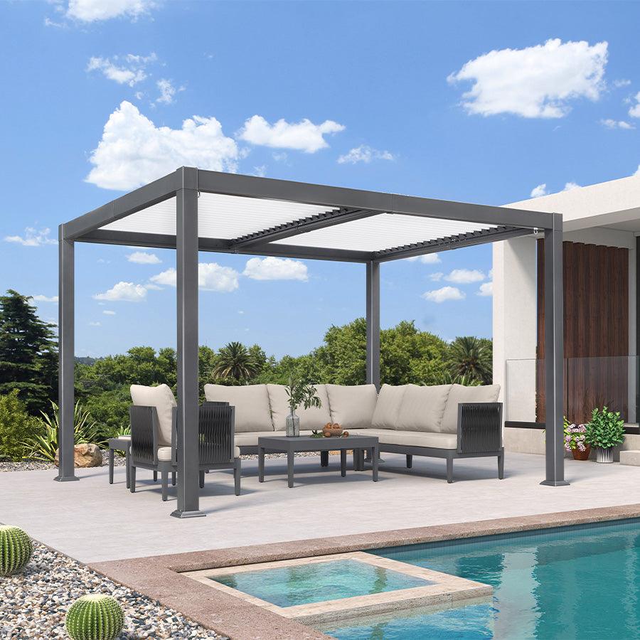 PURPLE LEAF Caesar – Pergola extérieure à lames orientables avec toit rigide réglable, structure grise et toit blanc