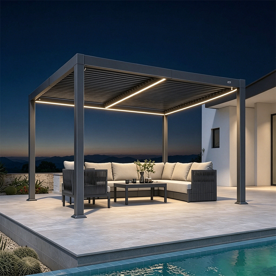 PURPLE LEAF Caesar – Pergola solaire en aluminium à lames orientables avec rubans LED, panneau de commande et toit réglable, gris