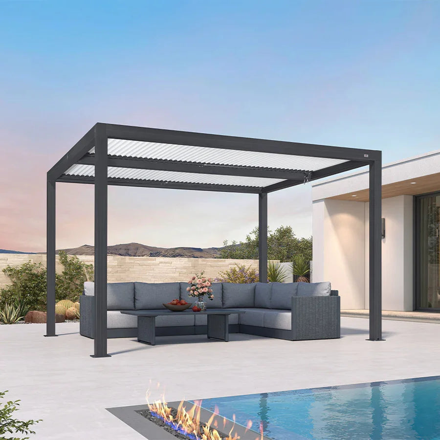 PURPLE LEAF Athena – Pergola moderne grise à lames orientables avec toit blanc pour terrasse et jardin
