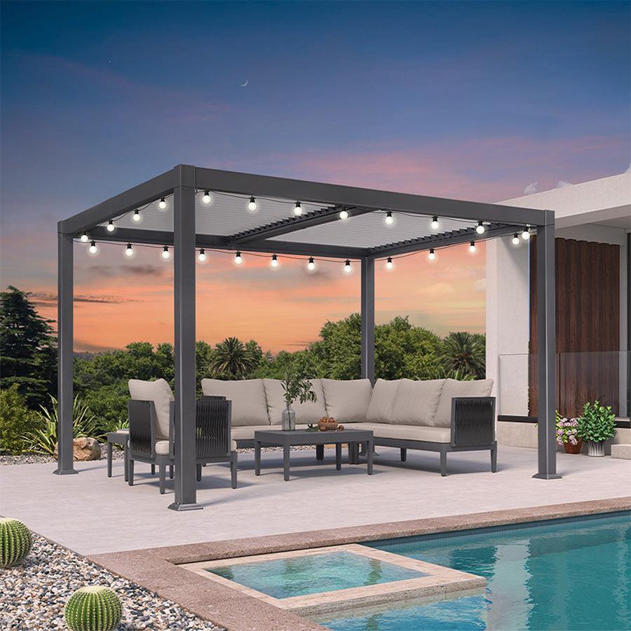 PURPLE LEAF Caesar – Pergola en aluminium à lames orientables avec guirlande Milky et toit indépendant réglable étanche à la pluie, éclairage Milky
