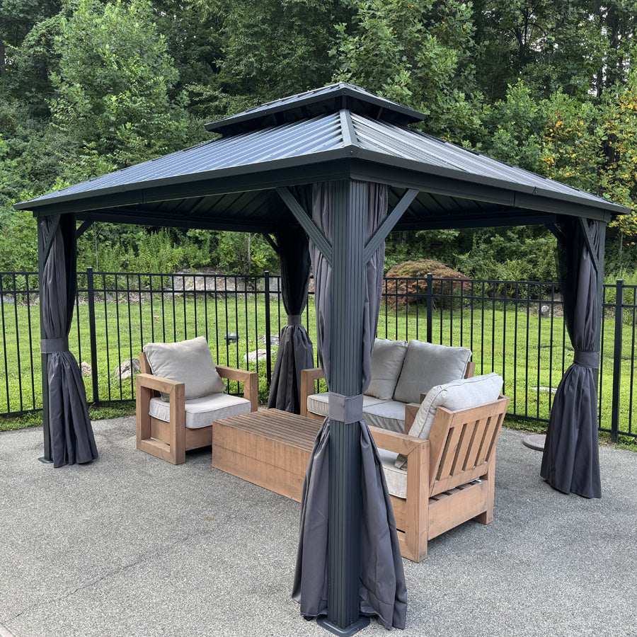 PURPLE LEAF – Pavillon gris à toit rigide avec double toit renforcé en acier galvanisé, moustiquaires et rideaux