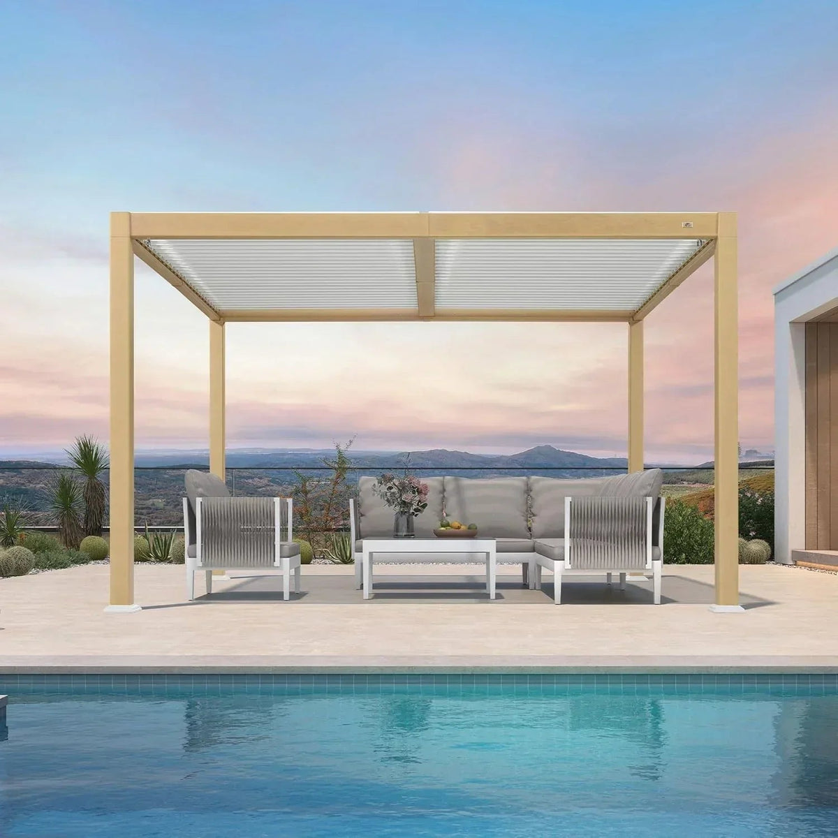 PURPLE LEAF Caesar – Pergola extérieure en aluminium à lames orientables, finition bois et toit réglable pour terrasse et jardin