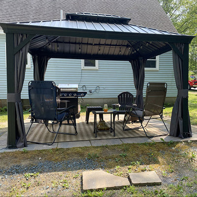 PURPLE LEAF – Pavillon de terrasse pour jardin, toit rigide gris en acier galvanisé avec rideau amélioré