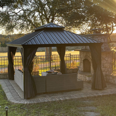 PURPLE LEAF – Pavillon de terrasse pour jardin, toit rigide gris en acier galvanisé avec rideau amélioré