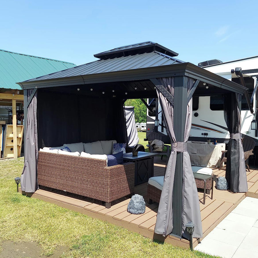 PURPLE LEAF – Pavillon de terrasse pour jardin, toit rigide gris en acier galvanisé avec rideau amélioré