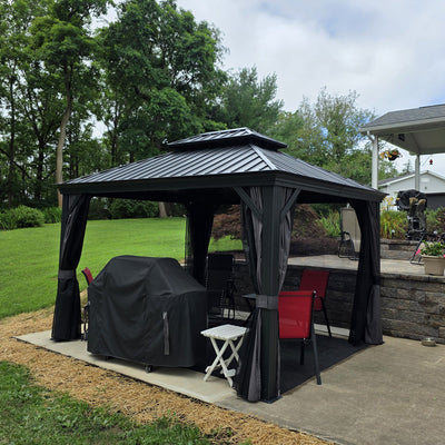 PURPLE LEAF – Pavillon de terrasse pour jardin, toit rigide gris en acier galvanisé avec rideau amélioré