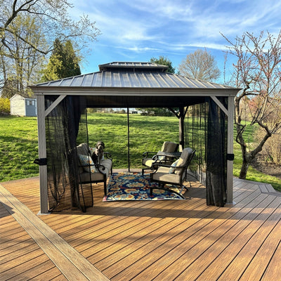 PURPLE LEAF – Pavillon de terrasse pour piscine, toit rigide gris clair en acier galvanisé avec rideaux améliorés