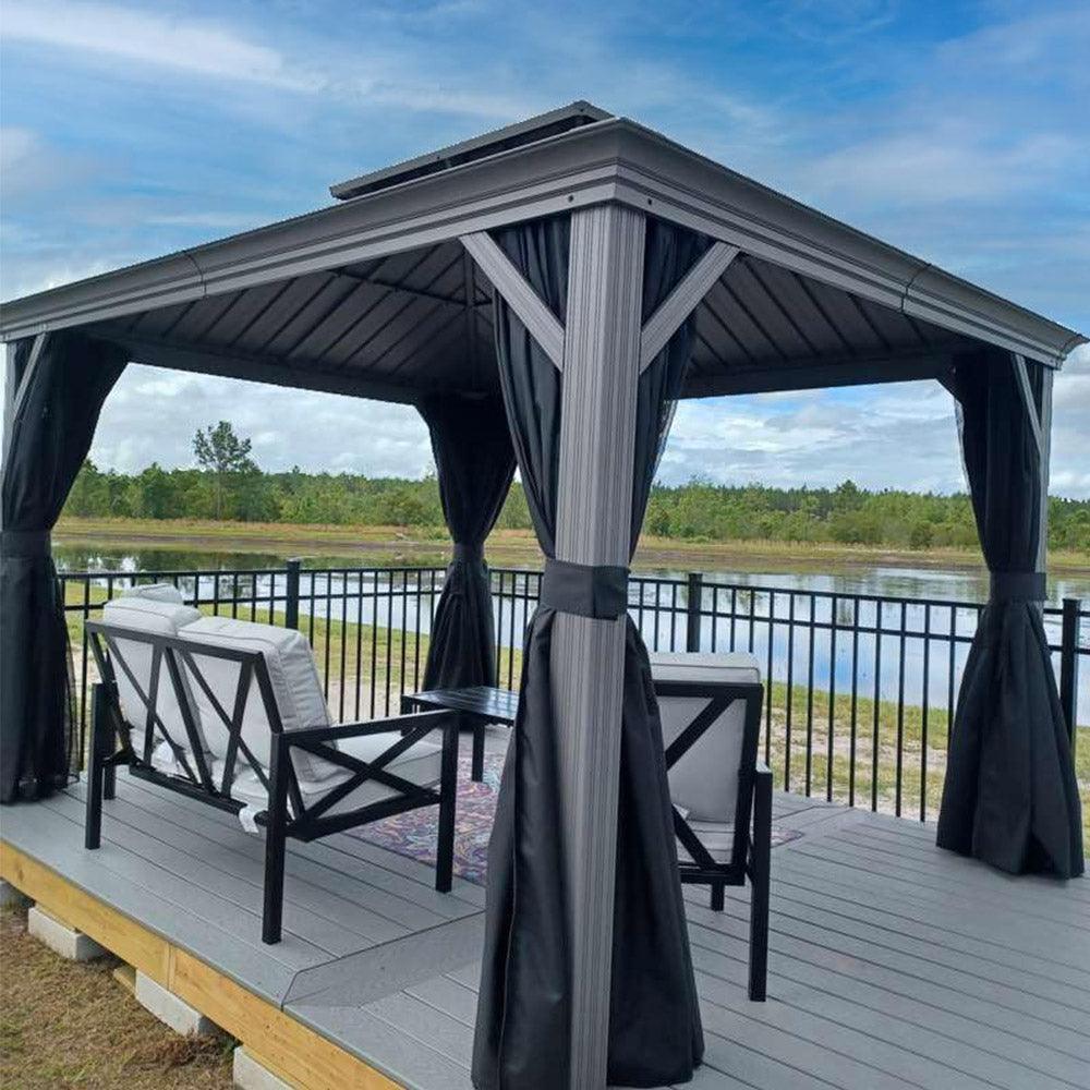 PURPLE LEAF – Pavillon de terrasse pour piscine, toit rigide gris clair en acier galvanisé avec rideaux améliorés