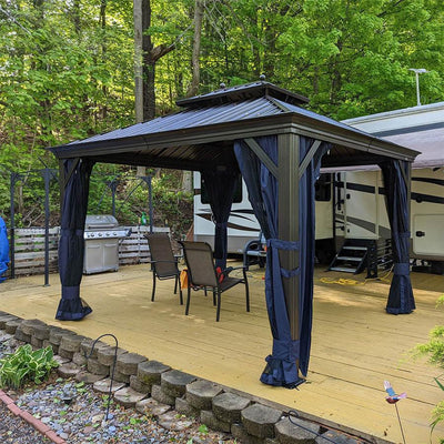 PURPLE LEAF – Pavillon extérieur à toit rigide pour terrasse, structure en aluminium bronze avec rideau bleu marine