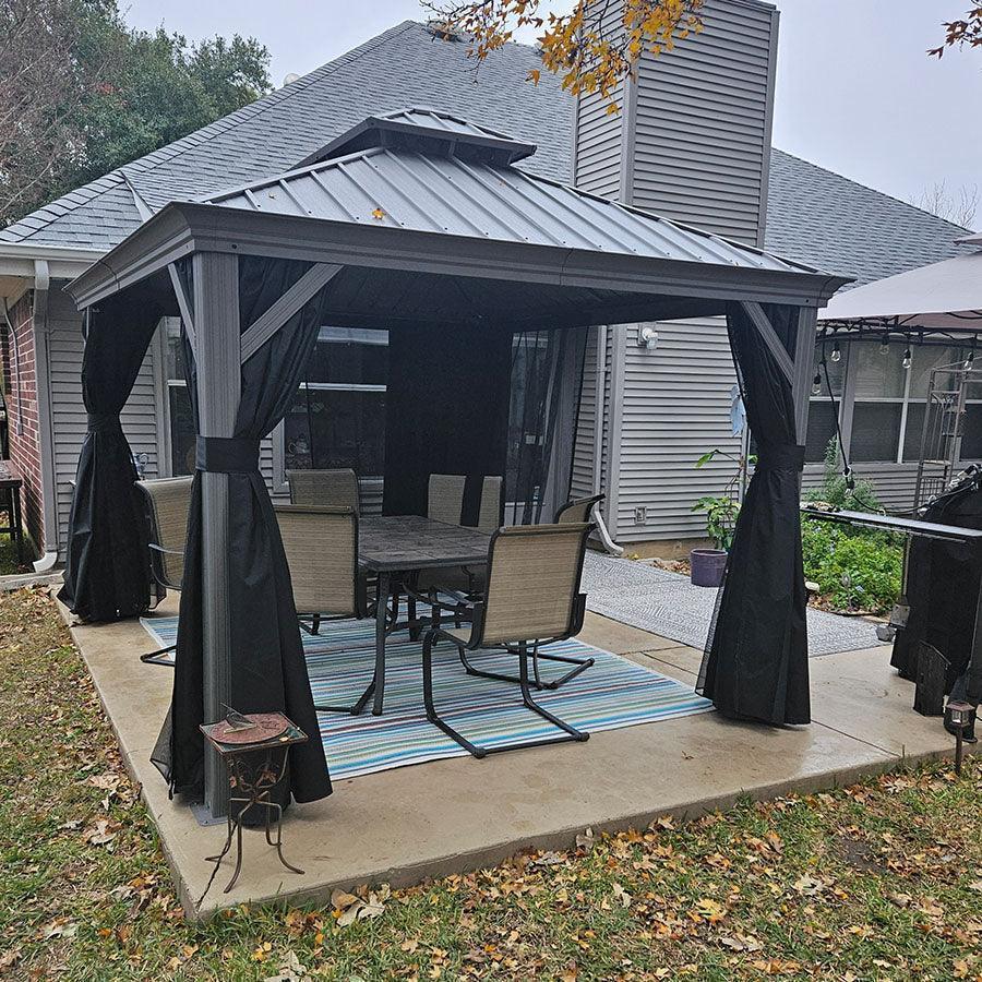PURPLE LEAF – Pavillon de terrasse pour piscine, toit rigide gris clair en acier galvanisé avec rideaux améliorés