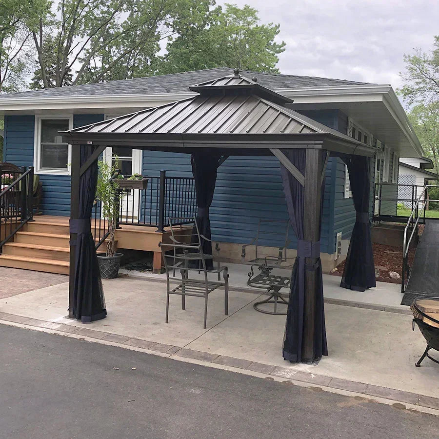 PURPLE LEAF – Pavillon extérieur à toit rigide pour terrasse, structure en aluminium bronze avec rideau bleu marine
