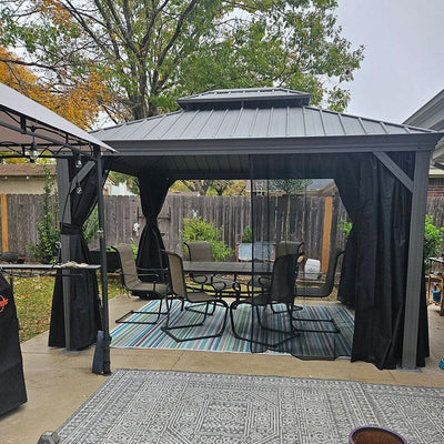 PURPLE LEAF – Pavillon de terrasse pour piscine, toit rigide gris clair en acier galvanisé avec rideaux améliorés