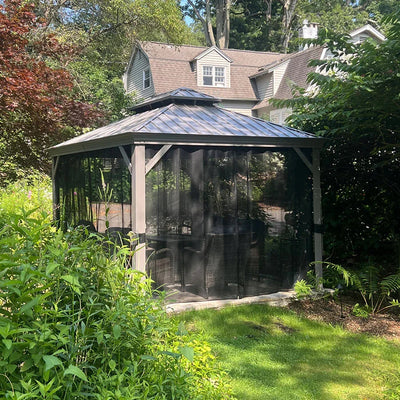 PURPLE LEAF – Pavillon de terrasse pour piscine, toit rigide gris clair en acier galvanisé avec rideaux améliorés