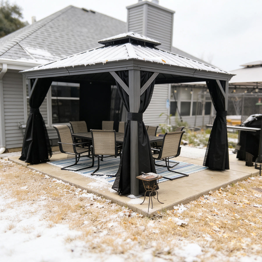 PURPLE LEAF – Pavillon de terrasse pour piscine, toit rigide gris clair en acier galvanisé avec rideaux améliorés