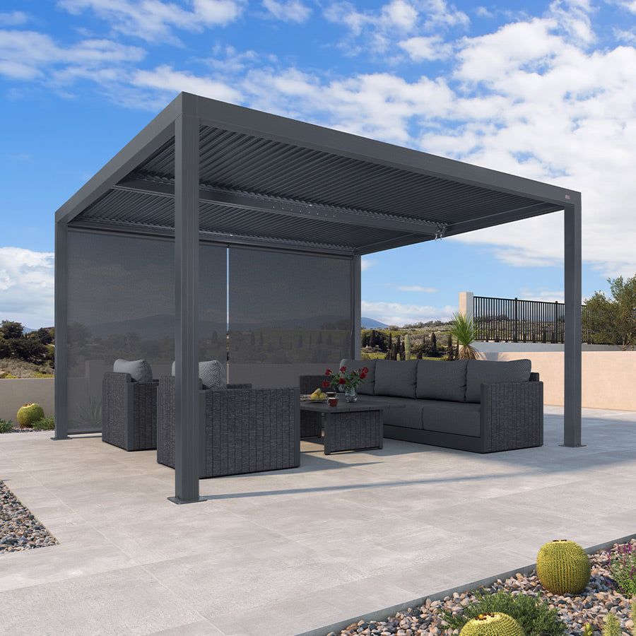 PURPLE LEAF Athena – Pergola extérieure grise en aluminium à lames orientables avec store enrouleur uni et toit réglable