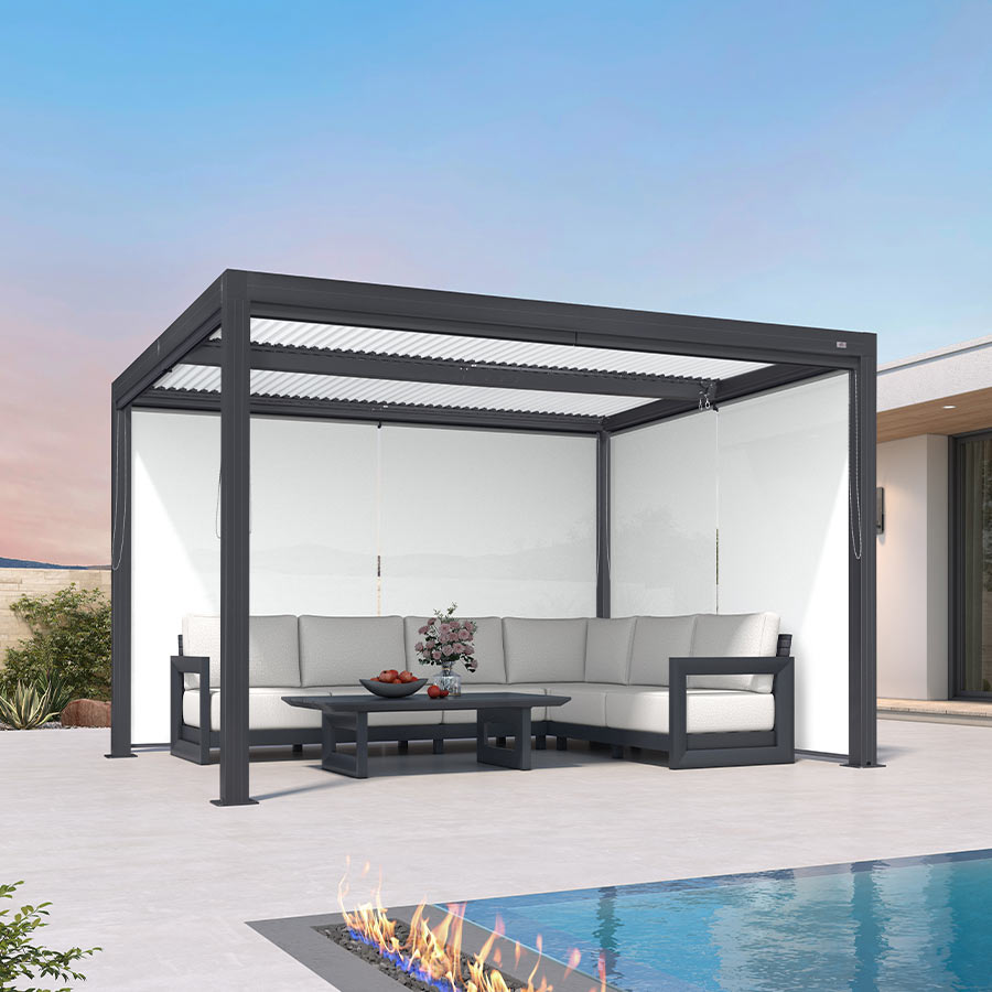 PURPLELEAF – Stores enrouleurs extérieurs unis blancs avec structure grise pour pergolas à lames orientables, isolation thermique, tissu UV et imperméable