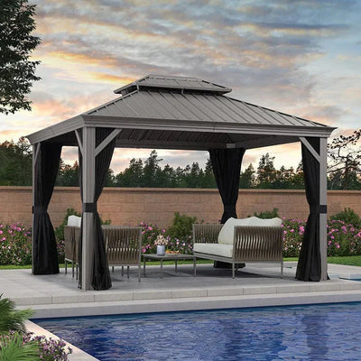 PURPLE LEAF – Pavillon de terrasse pour piscine, toit rigide gris clair en acier galvanisé avec rideaux améliorés
