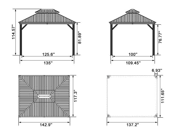 PURPLE LEAF – Pavillon de terrasse pour jardin, toit rigide gris en acier galvanisé avec tige de renfort