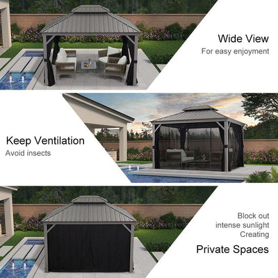 PURPLE LEAF – Pavillon de terrasse pour piscine, toit rigide gris clair en acier galvanisé avec rideaux améliorés