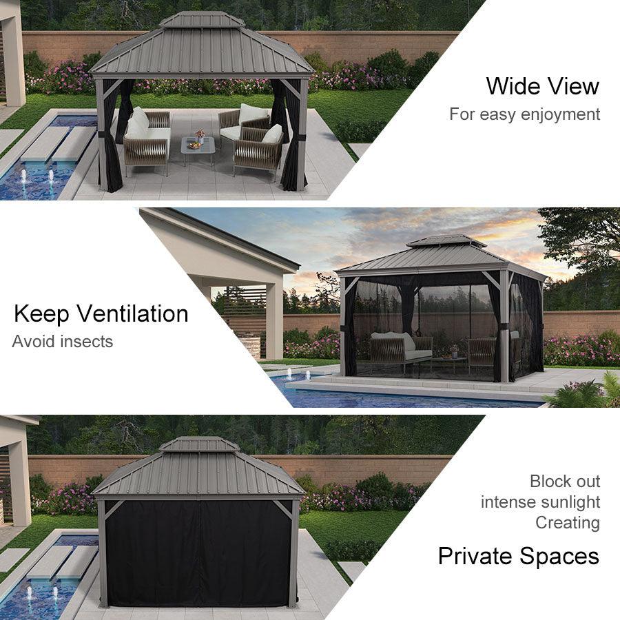 PURPLE LEAF – Pavillon de terrasse pour piscine, toit rigide gris clair en acier galvanisé avec rideaux améliorés