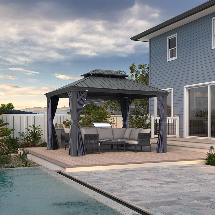 PURPLE LEAF – Pavillon extérieur à toit rigide pour terrasse, structure en aluminium grise avec rideau bleu marine