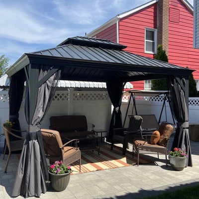PURPLE LEAF – Pavillon de terrasse pour jardin, toit rigide gris en acier galvanisé avec rideau amélioré