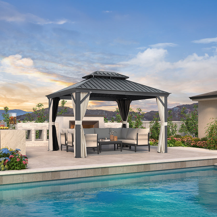 PURPLE LEAF – Pavillon extérieur à toit rigide pour terrasse, structure en aluminium grise avec rideaux kaki