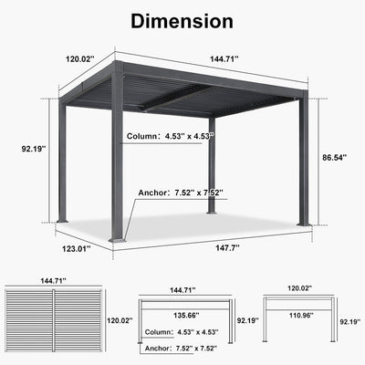 PURPLE LEAF Caesar – Pergola extérieure à lames orientables avec toit rigide réglable, gris
