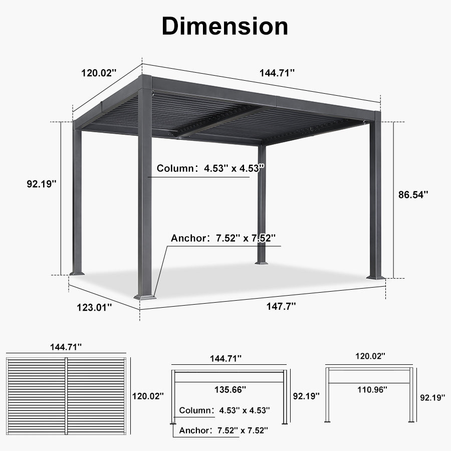 PURPLE LEAF Caesar – Pergola extérieure à lames orientables avec toit rigide réglable, gris