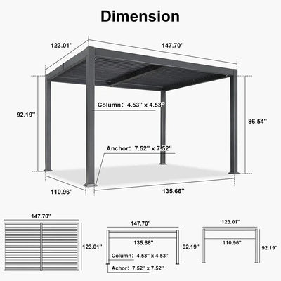 PURPLE LEAF Caesar – Pergola extérieure à lames orientables avec toit rigide réglable, gris