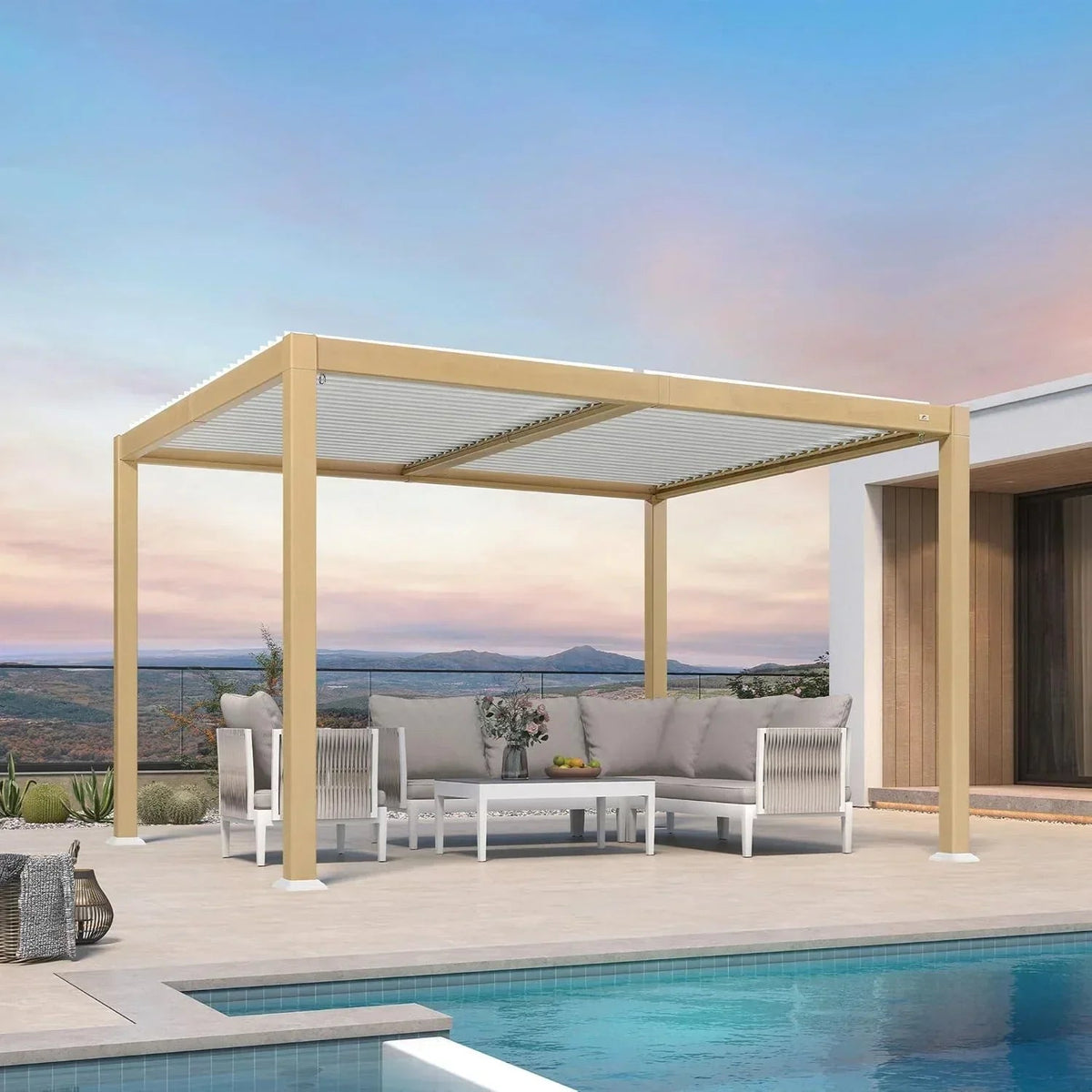PURPLE LEAF Caesar – Pergola extérieure en aluminium à lames orientables, finition bois et toit réglable pour terrasse et jardin