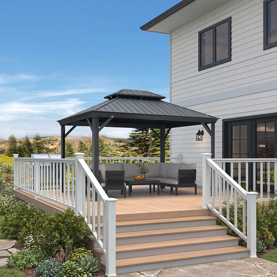 PURPLE LEAF – Pavillon de terrasse pour jardin, toit rigide gris en acier galvanisé (rideaux non inclus)